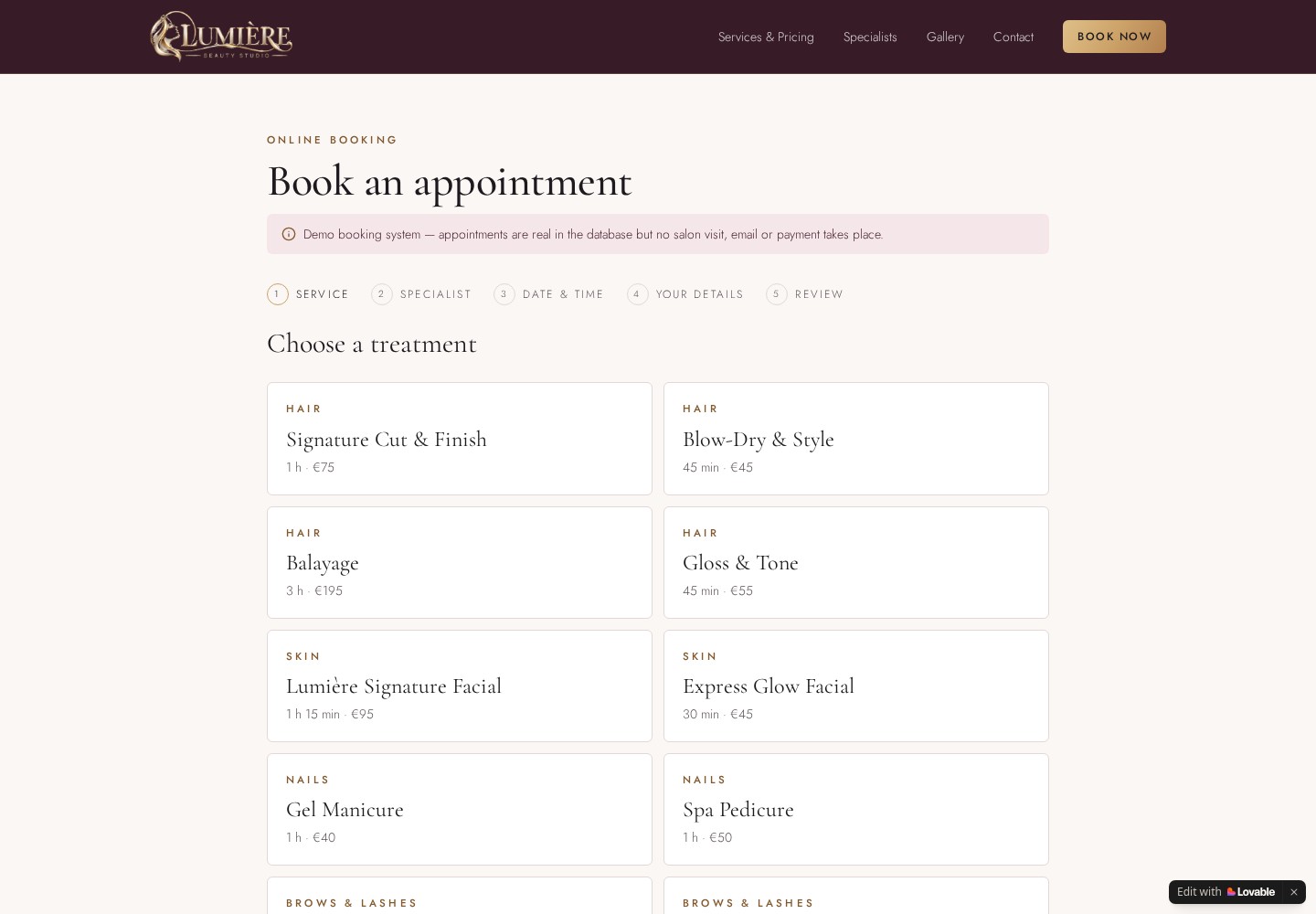 Actual Lumière booking screen showing service selection and the five booking stages